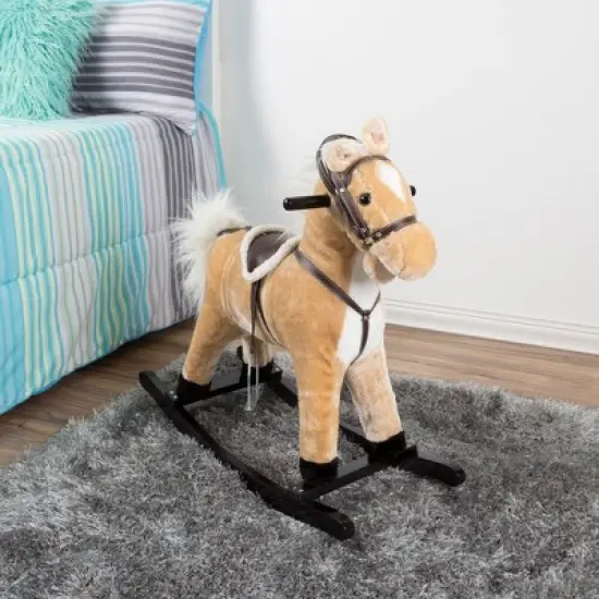 Toy Time Kids Plush Ride-On Rocking Horse on Wooden Rockers with Sounds, Stirrups, Saddle, and Reins - Brown image {4}