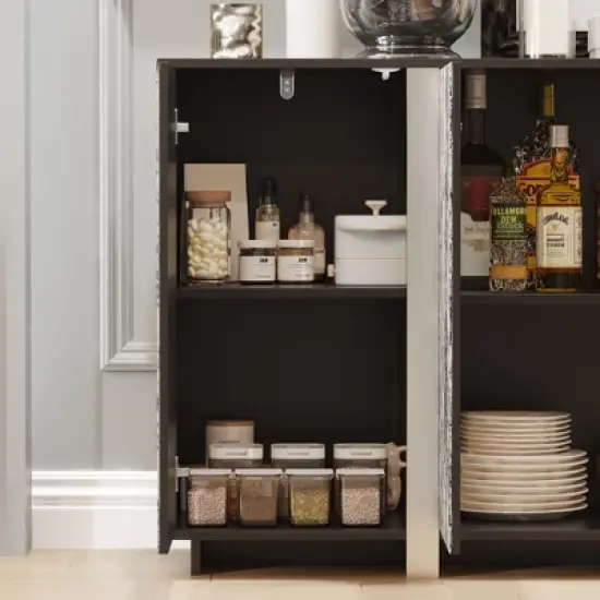 Famapy Chic Buffet Cabinet with Wood - Grain Pattern, Integrated Lighting and Sturdy Black Frame - Elevate Dining Spaces with Stylish Storage image {3}