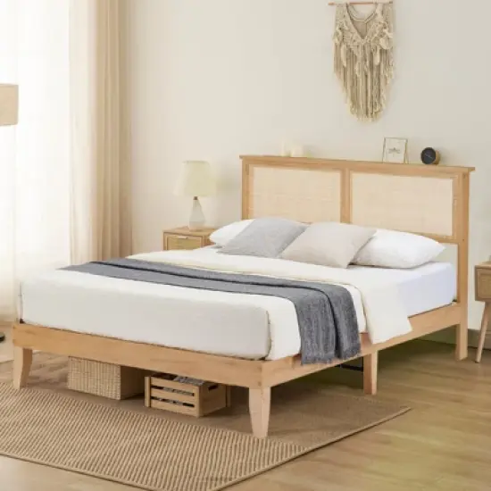 Rattan Bed Frame Full with Natural Rattan Headboard,Bohemian Rattan Full Size Bed Frame with LED Lights, With Silent Slats,No Box Spring Needed (Full) image {7}