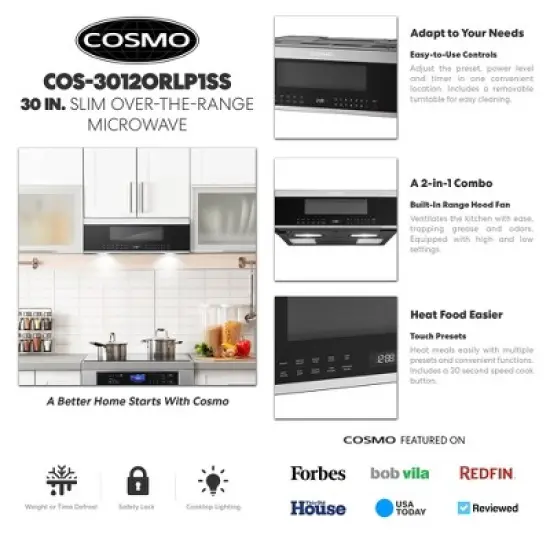 Cosmo COS-3012ORLP1SS 30 in. Stellar Collection 1.2 cu. ft. Slim Over the Range Microwave with Automatic Presets, Soft Touch Controls image {2}