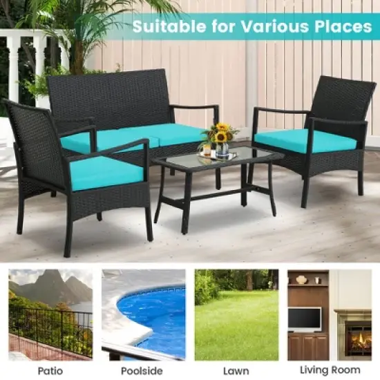 Tangkula 4PCS Patio Rattan PE Wicker Furniture Conversation Set w/ Sofa Chair & Table image {7}