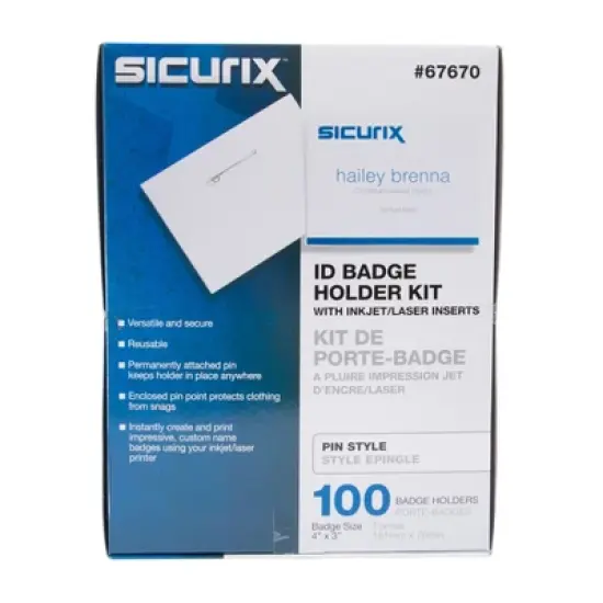 SICURIX Pin Style ID Badge Holder Kit with Printable Inserts, 4" x 3", Pack of 100 image {2}