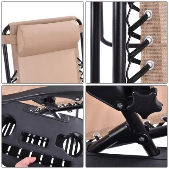 Costway 2PCS Zero Gravity Chairs Lounge Patio Folding Recliner Beige W/Cup Holder image {3}