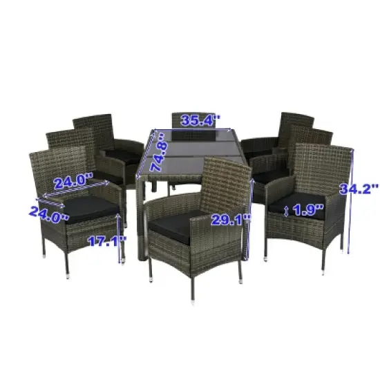 9 Piece Outdoor Wicker Garden Dining Set,Patio Wicker Furniture Set,Wicker Dining Table and 8 Chairs with Glass Top Table and Cushion-Coolbibila image {3}