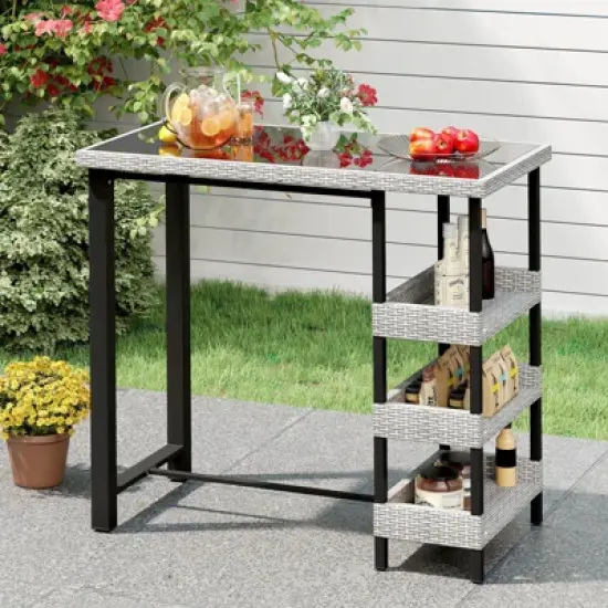 Costway 43.5" Outdoor Bar Table with Tempered Glass Top & 3 Rattan Shelves Storage image {4}