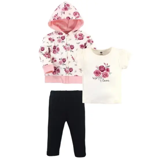 Hudson Baby Infant and Toddler Girl Cotton Hoodie, Bodysuit or Tee Top and Pant Set, Rose Toddler image {4}