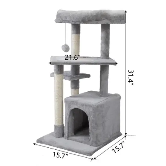 Kumasinova 2-Tier Cat Tower with Scratching Post,Modern Cat Tree with Cat House&Perch,Compact Cat Tree Tower for Indoor Cats,Light Gray image {1}