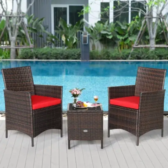 Tangkula 3 Pieces Patio Rattan Conversation Furniture Wicker Chairs with Coffee Table & Cushions Red/Blue/White image {1}