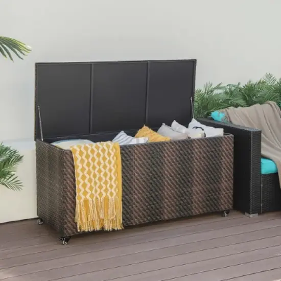 Costway 96 Gallon Patio Rattan Storage Deck Box Container Garden Liner Wheels Mix Brown/Grey image {1}