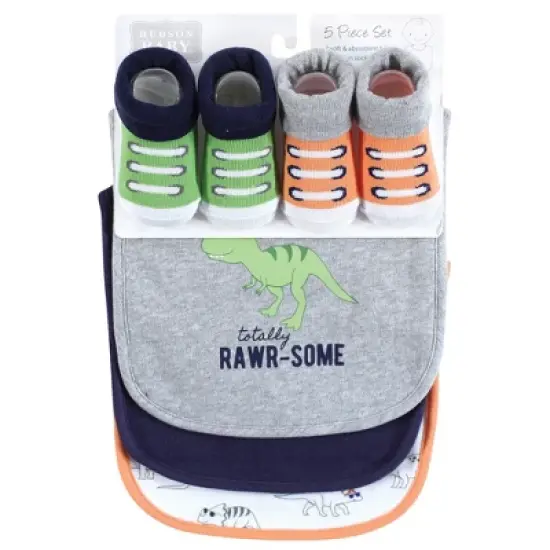 Hudson Baby Infant Boy Cotton Bib and Sock Set, Cool Dinosaurs, One Size image {1}