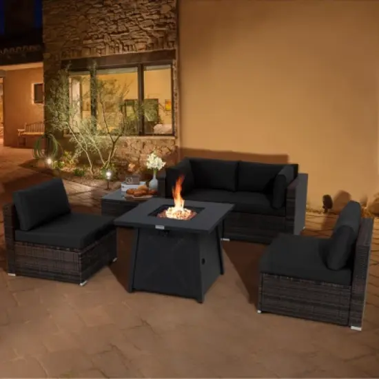 Tangkula 6-Piece Patio Furniture Set w/ 30" Propane Fire Pit Table Outdoor PE Wicker Conversation Set w/ Cushions &Tempered Glass Coffee Table image {2}