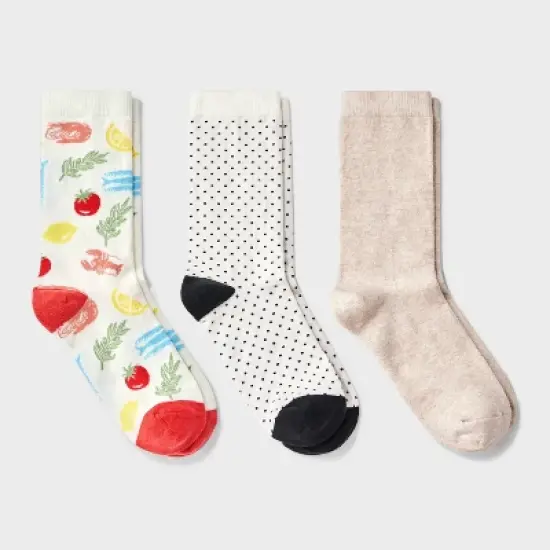 Women's Mediterranean Diet 3pk Crew Socks - A New Day&trade; Ivory/Red/Oatmeal Heather 4-10: Cotton Blend, Floral & Solid Patterns image {3}