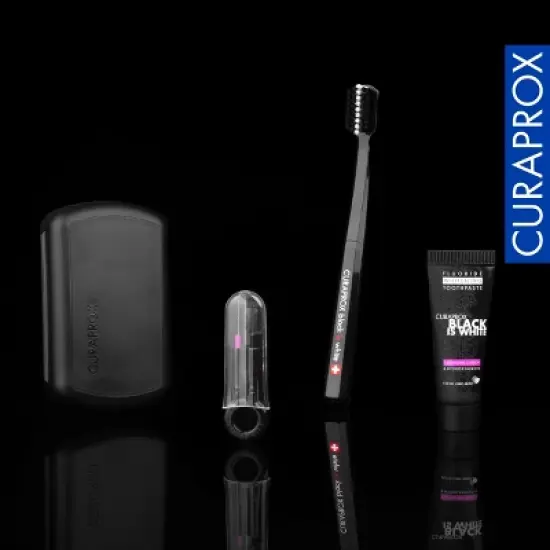 Curaprox Travel Set, Black is White, Ultra Soft Toothbrush + Interdental Brush + Toothpaste &ndash; Gentle, Stylish, Effective image {7}