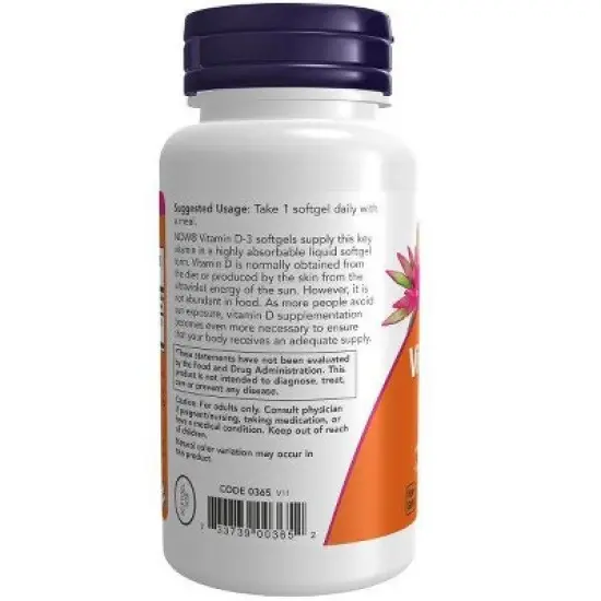 Vitamin D3 1000 IU by Now Foods  -  180 Softgel image {2}