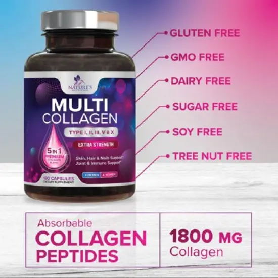 Multi Collagen Supplement, Type I, II, III, V, X Collagen Pills, Collagen Supplements, Hair, Skin, Nail & Joint - 180 Capsules By Nature's Nutrition image {5}