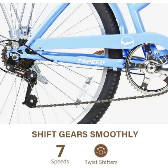 WEIZE Beach Cruiser Bike 26 inch City Bikes Commuter Bicycle for Adult 7-Speed Comfortable with Rear Rack or Basket Blue image {4}