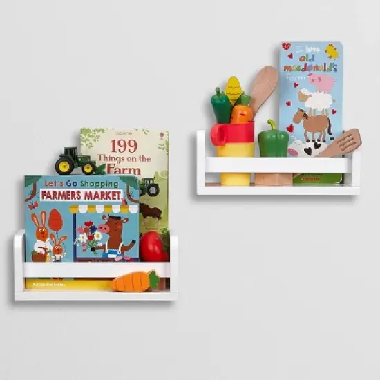 Kids&rsquo; Book Nook Toy Storage Organizer with Bookrack and 2 Bonus 10'' Floating Wall Bookshelves White - RiverRidge image {9}