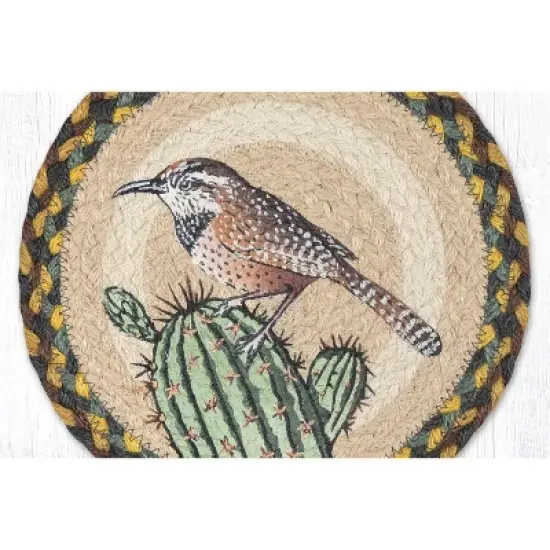 Earth Rugs Cactus Wren Bird Printed Round Jute Trivet &ndash; 10" Rustic Nature Design, Heat-Resistant Table Protector image {1}