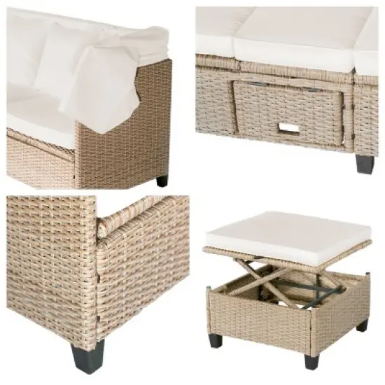 4 Pieces Wicker Patio Sofa Set,Wicker Daybed with Retractable Canopy and Lifting Table,Rattan Outdoor Conversation Set with Cushions-Coolbibila image {5}