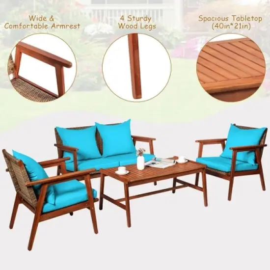 Costway 4PCS Patio Rattan Furniture Set Acacia Wood Frame Cushioned Sofa Chair Turquoise image {5}