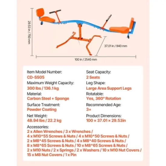VEVOR Kids Seesaw, 300 lbs Load Capacity, Sit and Spin Teeter Totter, Swiveling 360 Degrees Rotating for Children Aged 3+, Orange&Blue image {7}