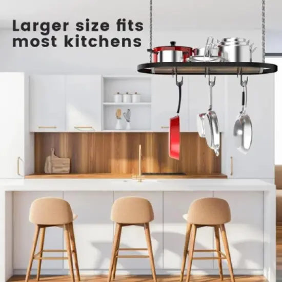 MaseiKar Hanging Pot Rack Ceiling Mount Cookware Organizer with 12pcs Hooks Pots and Pans Storage 33' Oval Pan Hangers for Kitchen, Easy Assembly image {1}