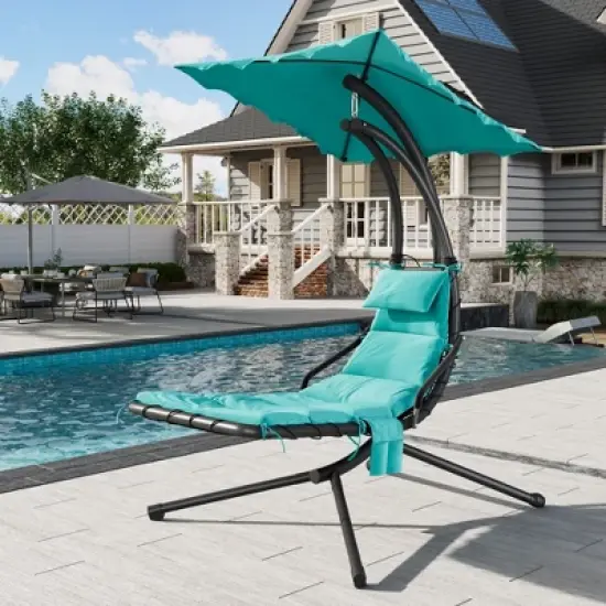 Chaise Lounger Swing Chair with Umbrella Canopy, Patio Hanging Chaise Lounger Chair with Stand, Curved Steel Outdoor Lounge Chairs for Indoor, Outdoor image {9}