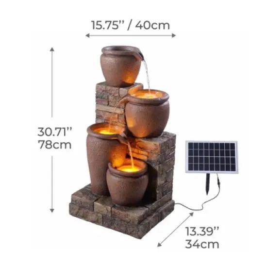 Teamson Home 30.71" 4-Tier Cascading Bowl Solar Powered Polyresin Waterfall Fountain: Outdoor LED, Faux Brick Design image {2}