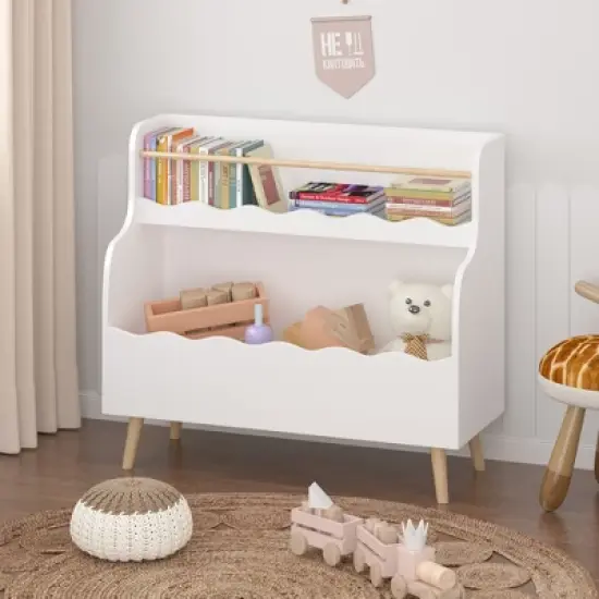 KWPZQEB Wooden Kids Bookshelf 2-Tier, Montessori Bookshelf with Legs, Scalloped Book Shelf for Bedroom Playroom Living Room, White image {3}
