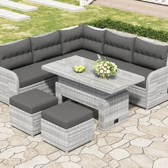Outdoor 5 Pcs Furniture Set, Seating Set with Extendable Side Tables, Rattan Sofa Set with Metal Frame and PE Cushions-Coolbibila image {2}