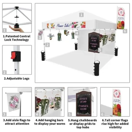 Crown Shades 10' x 10' Base Pop-Up Canopy Polyester Adjustable Legs Instant Folding Canopy Tent with Sidewall and Carry Bag, White image {3}