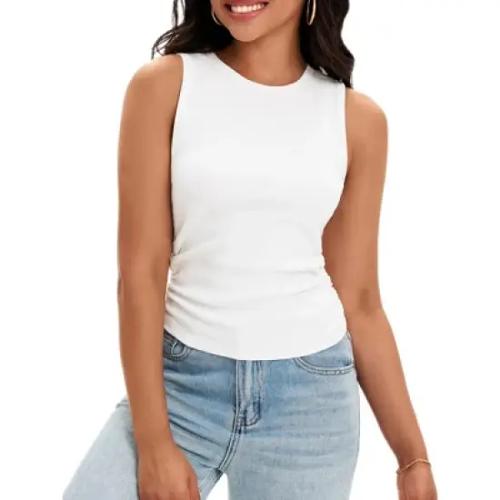 ATHLECHIC Women's Summer Ruched Ribbed Crew Neck Sleeveless Tank Tops image {5}