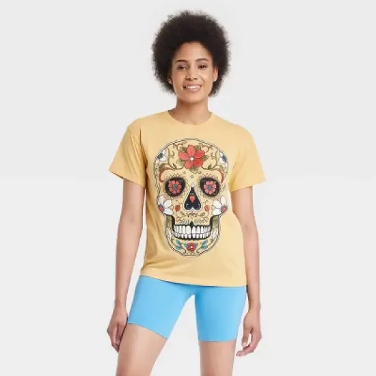 Women's D&iacute;a de Muertos Sugar Skull Short Sleeve Graphic T-Shirt - Yellow image {3}
