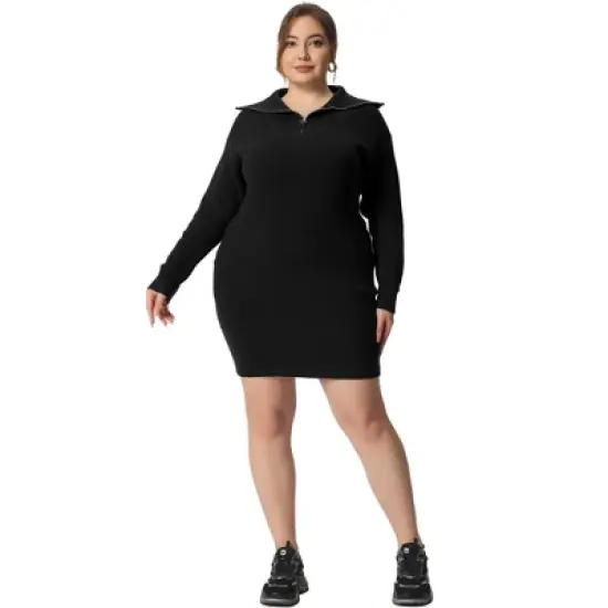 Agnes Orinda Women's Plus Size Knit Long Sleeve Zipper Collar Pullover Mini Sweater Dresses image {2}