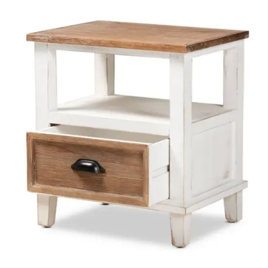 Glynn Wood 1 Drawer Nightstand White/Brown - Baxton Studio image {1}