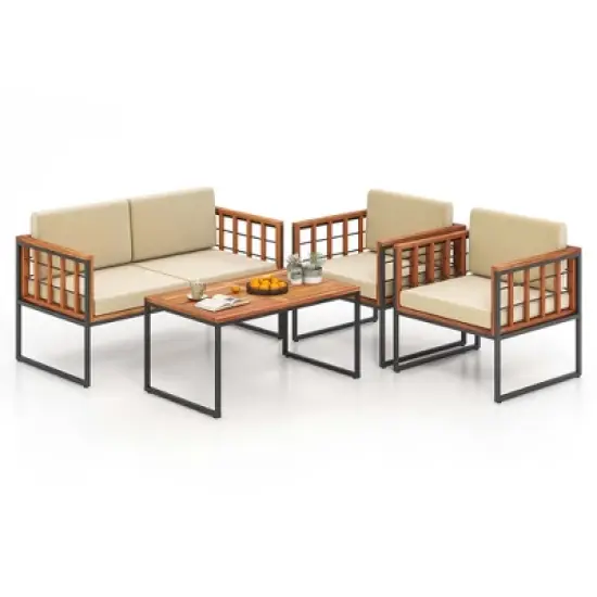 Costway 4 PCS Acacia Wood Outdoor Sofa Set with Heavy Duty Metal Frame Soft Seat image {1}