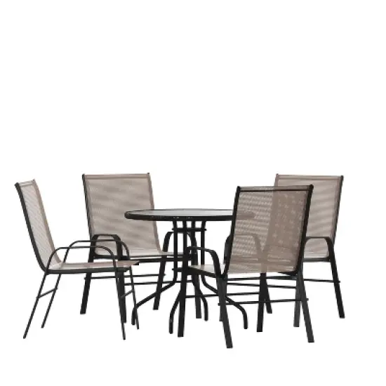 Emma and Oliver Five Piece Patio Table Set with Round Metal Table with Tempered Glass Top and 4 Flex Comfort Stacking Chairs image {10}