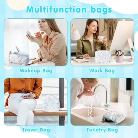 Large Quilted Makeup Bag Set, Cosmetic Bag for Women Girls, Cute Cotton Bow Pattern Travel Toiletry Organizer Bag 3 Set image {5}