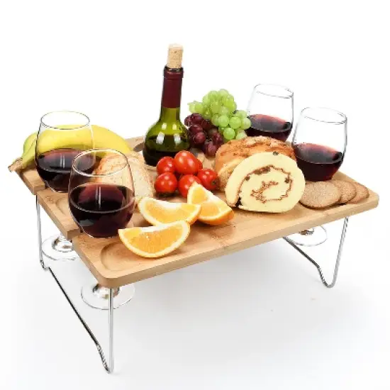 Tirrinia Natural Bamboo Wine Picnic Table, Folding Portable Outdoor Snack & Cheese Tray for Concerts at Park or Party, Beach, Summer Camping image {7}