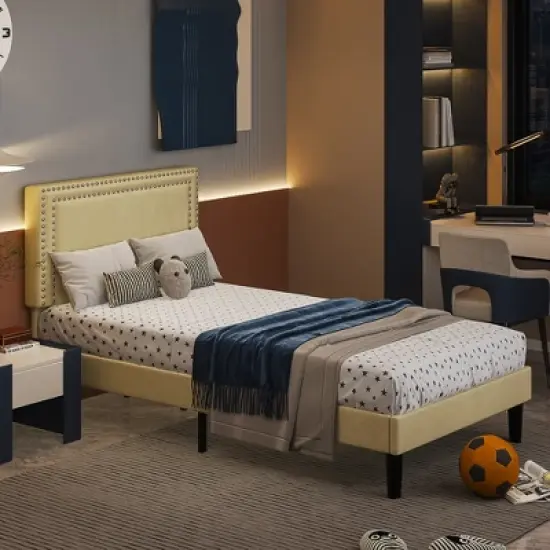 VECELO Velvet Upholstered Platform Bed Frame with Adjustable Headboard, Sturdy Wood Slats & Metal Support, No Box Spring Needed, Twin/Full/Queen Size image {10}