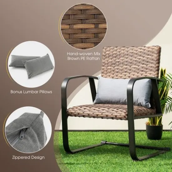 Costway 3 PCS Patio Rattan Furniture Bistro Set C-Spring Chair Padded Seat & Back Pillow image {6}