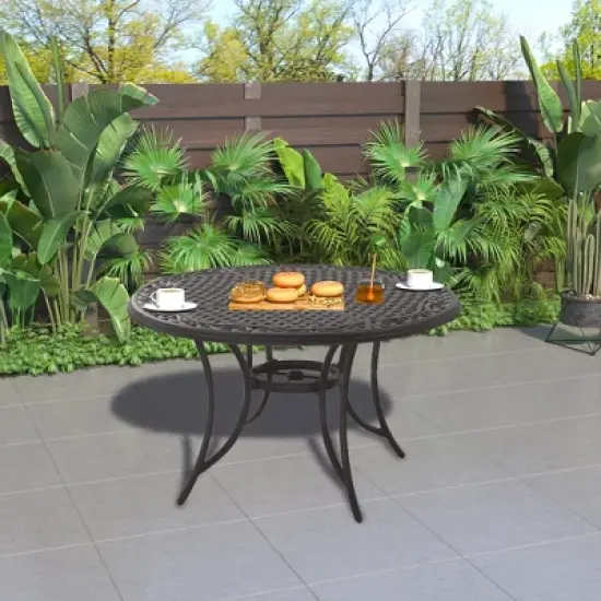 CLIHOME Outdoor 48" Cast Aluminum Medium Round Woven Dining Table With Umbrella Hole image {1}