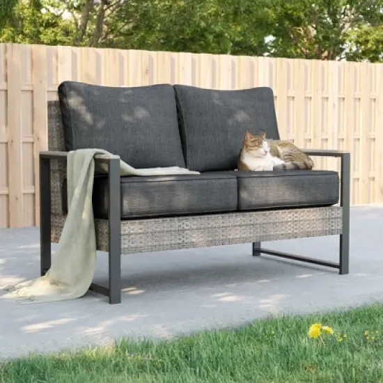 Sonkuki Loveseat Sofa, All-Weather PE Rattan Wicker Set Patio Conversation Couch with Cushion image {8}