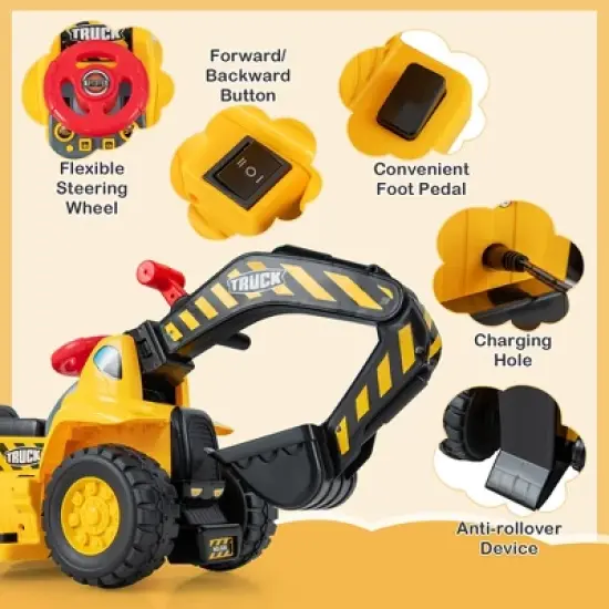 Costway 6V Electric Kids Ride On Excavator Pretend Play Toy Tractor w/ Basketball Hoop image {7}