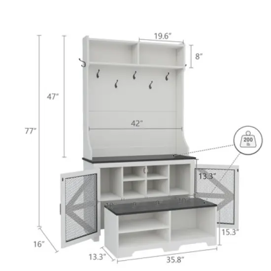 Buenhomino 4 in 1 Hall Tree Coat Rack Versatile Entryway Storage Bench Shoe Cabinet with 7 Hooks, Cubbies and Shelves,Antique White image {2}