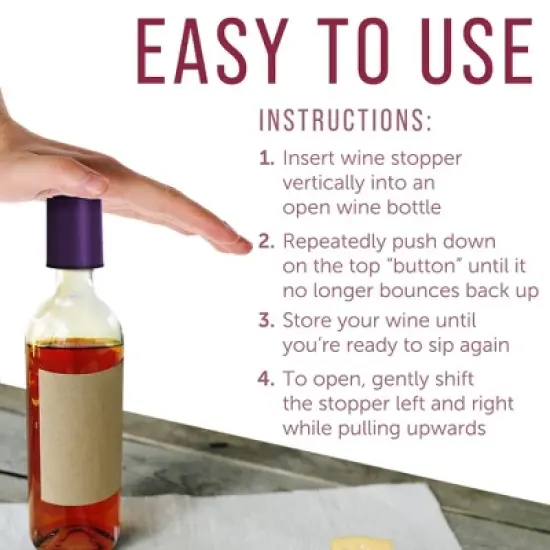 Maplefield Vacuum Wine Stoppers - Leak-Proof Vacuum Pump Wine Preserver - Resealable Wine Vacuum Stopper - Plastic - 4 Pack, Purple image {3}