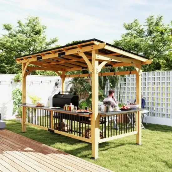 Outsunny 13' x 6' Wooden Grill Gazebo, Hardtop Outdoor BBQ Gazebo with with Metal Roof, 2 Bar Shelves and 6 Hooks for Patio, Deck, Yard, Natural image {5}