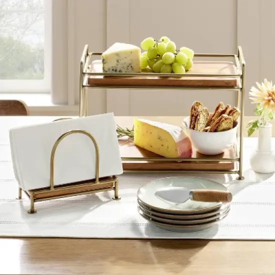 Tiered Wood & Brass Rectangular Serving Stand - Hearth & Hand&trade; with Magnolia: Elegant Farmhouse Style Display image {1}
