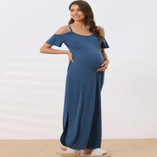 cheibear Women's Summer Cold Shoulder with Pockets Casual Maxi Maternity Lounge Dress image {2}