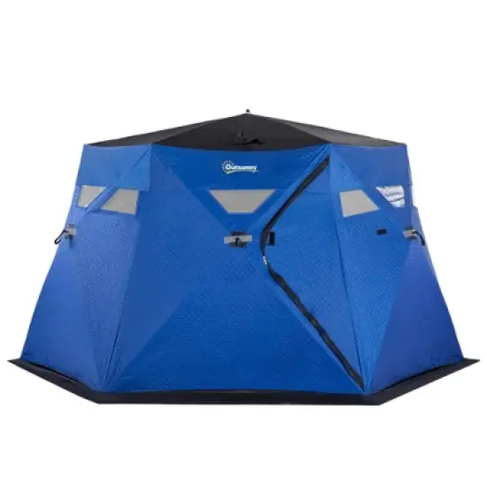 Outsunny 4 Person Insulated Ice Fishing Shelter 360-Degree View, Pop-Up Portable Ice Fishing Tent with Carry Bag, Two Doors and Anchors, Dark Blue image {3}